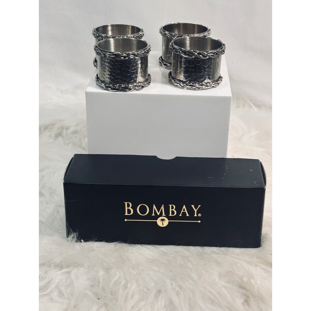 Bombay Silver Croc Napkin‎ Rings Set of 4 Braided Edge Metal Table Decor 3202627
